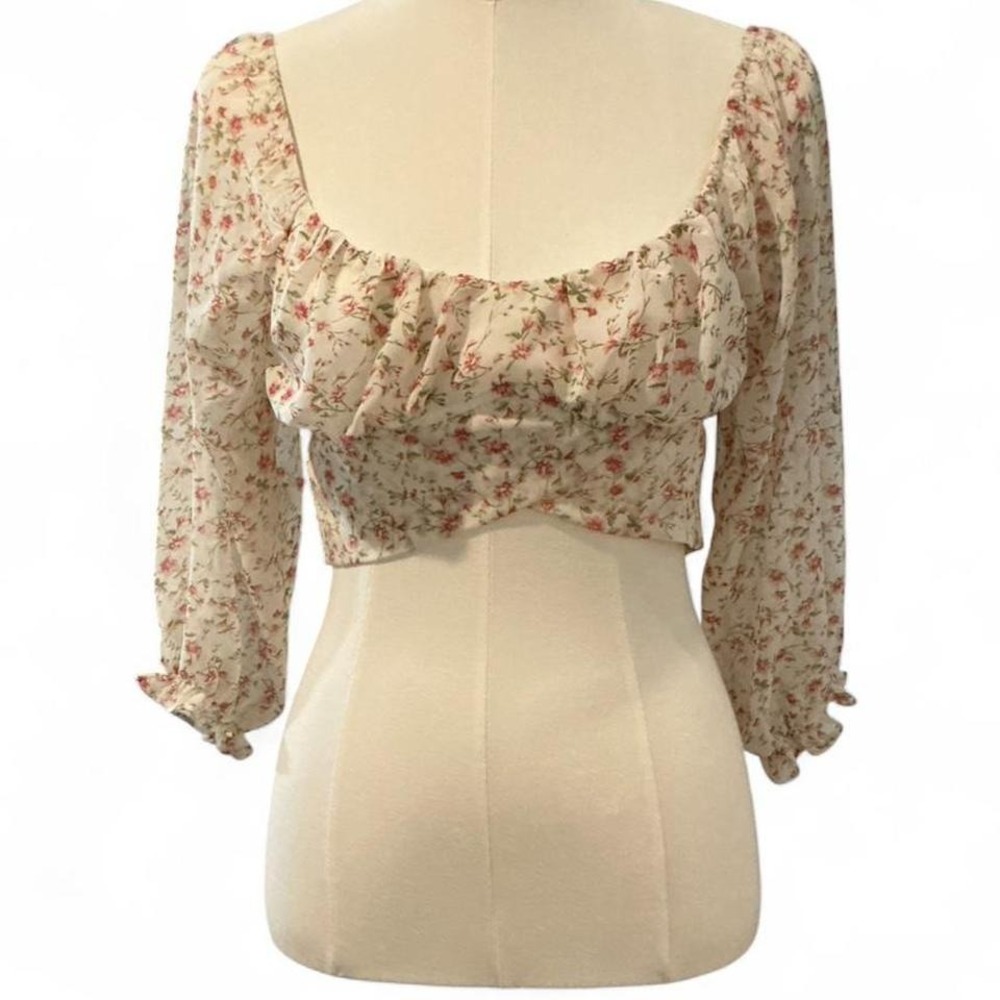 Floral Crop Top Womens M Cream Pink Excellent Tie Back Cottagecore